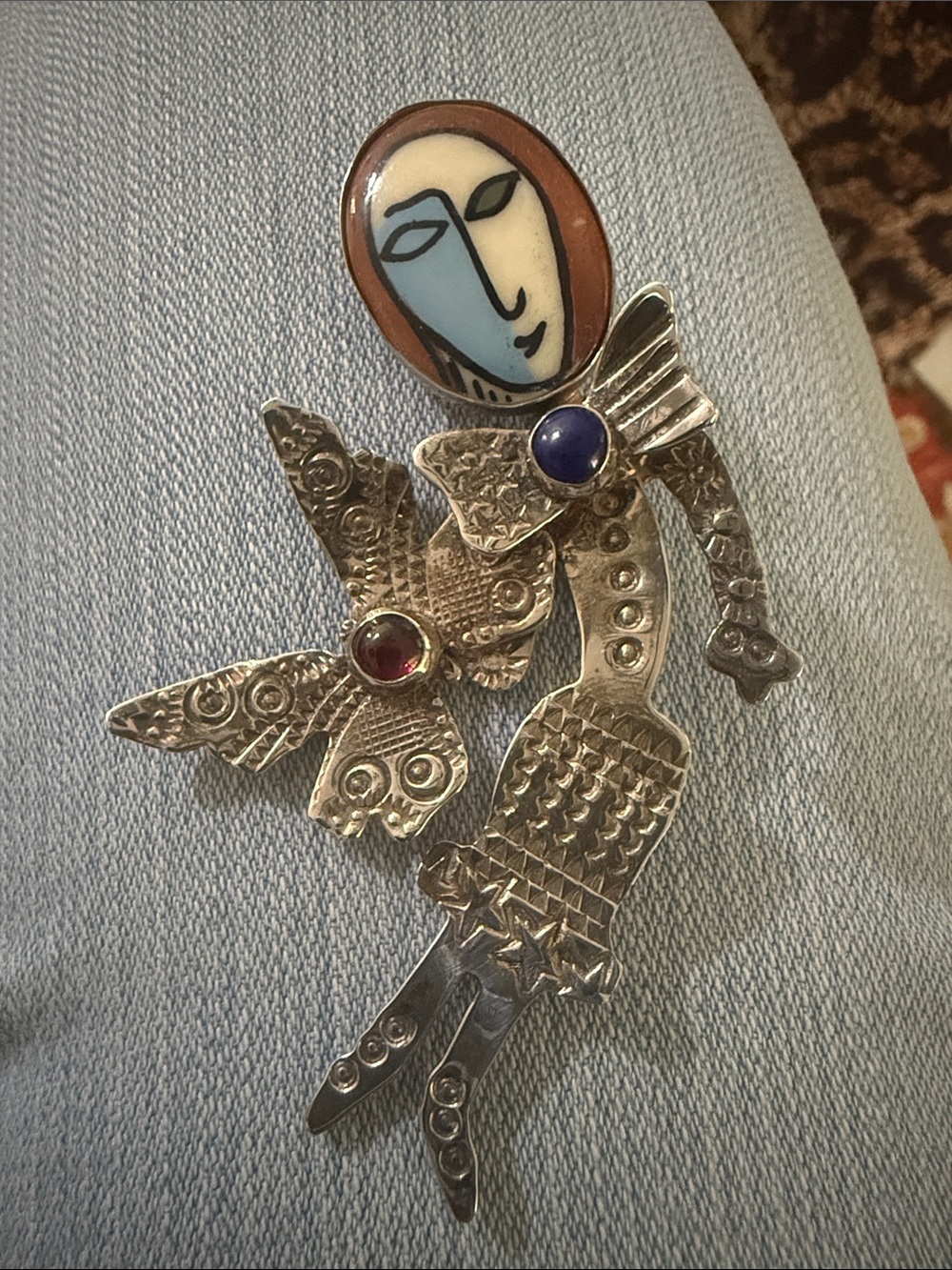 Artist Grady Alexander Sterling Silver and Enamel Face Brooch with Gem Accents